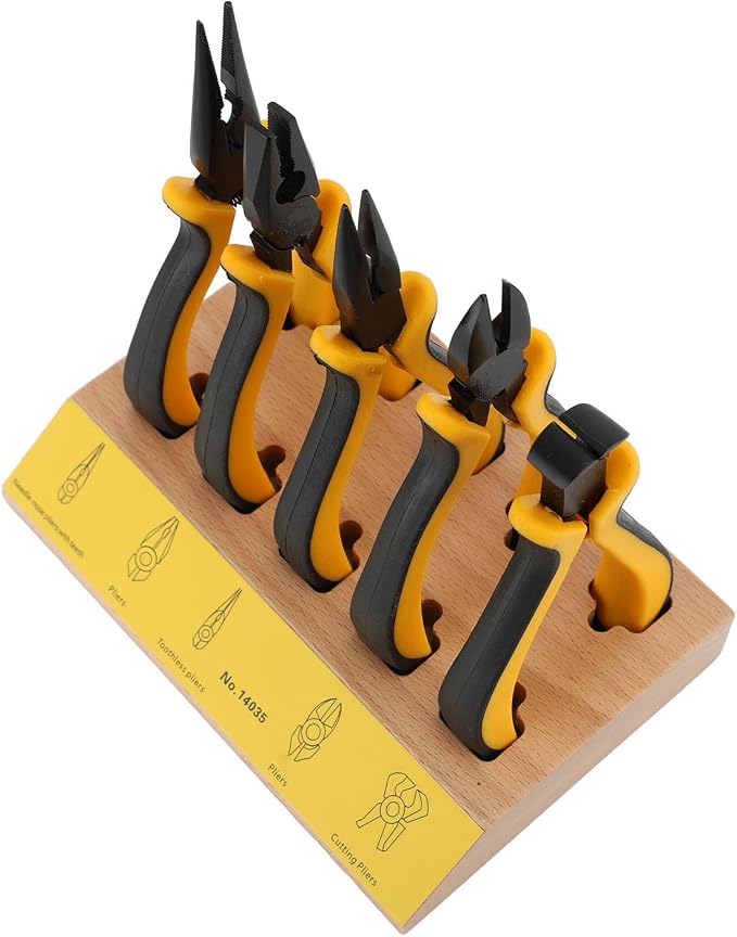 Naroote 5pcs Pliers Set with Wood Pallet, Beech and Metal Watch Repair Pliers Set, Heat Treated Blades, Effort Saving Grip, Wire Cutting for Jewelry Repair Hobby Users