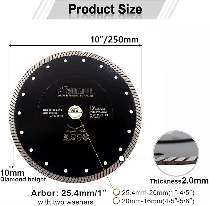 SHDIATOOL Diamond Turbo Blade 10 - Inch Super Thin Cutting Disc for Porcelain Ceramic Tile Granite Dia 250mm 2pieces