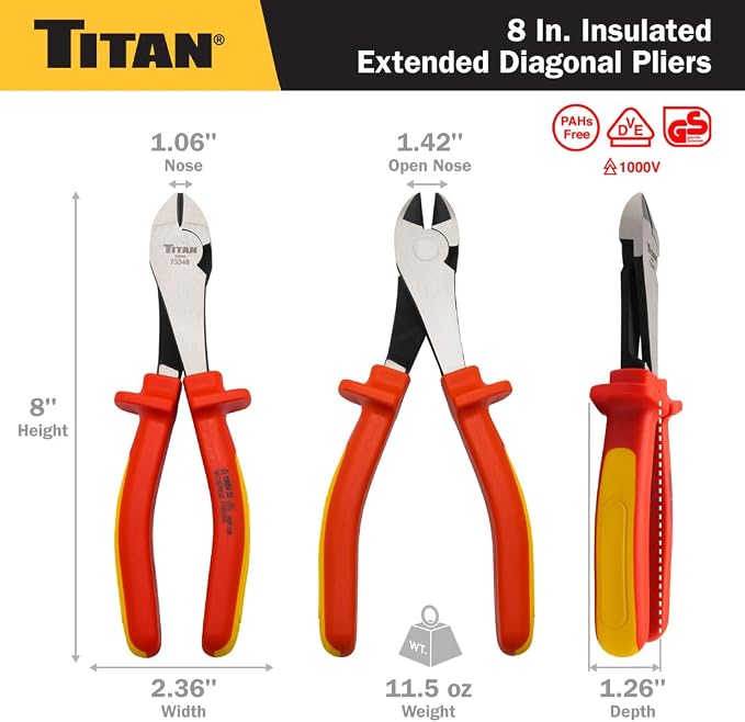 Titan 73348 8-Inch VDE Insulated Diagonal Pliers