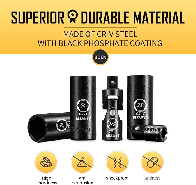 BOEN 1/2" Drive Metric Deep Impact Socket Set, 20 Piece Cr-V Steel Metric Socket Set 10mm-24mm, Includes Extension Bars, Universal Joint and Adapter, 6 Point Design, Meets ANSI Standards