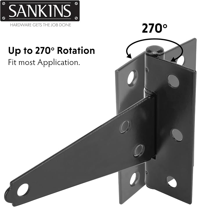 4 Inch T-Strap Shed Door Hinges Heavy Duty, Black Tee Gate Hinges for Wooden Fences, Yard Door, Barn Door Gates, Wrought Hardware Rustproof, 4Pack