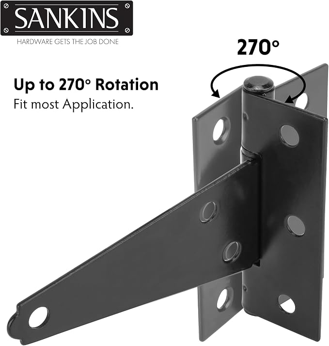 4 Inch T-Strap Shed Door Hinges Heavy Duty, Black Tee Gate Hinges for Wooden Fences, Yard Door, Barn Door Gates, Wrought Hardware Rustproof, 2Pack