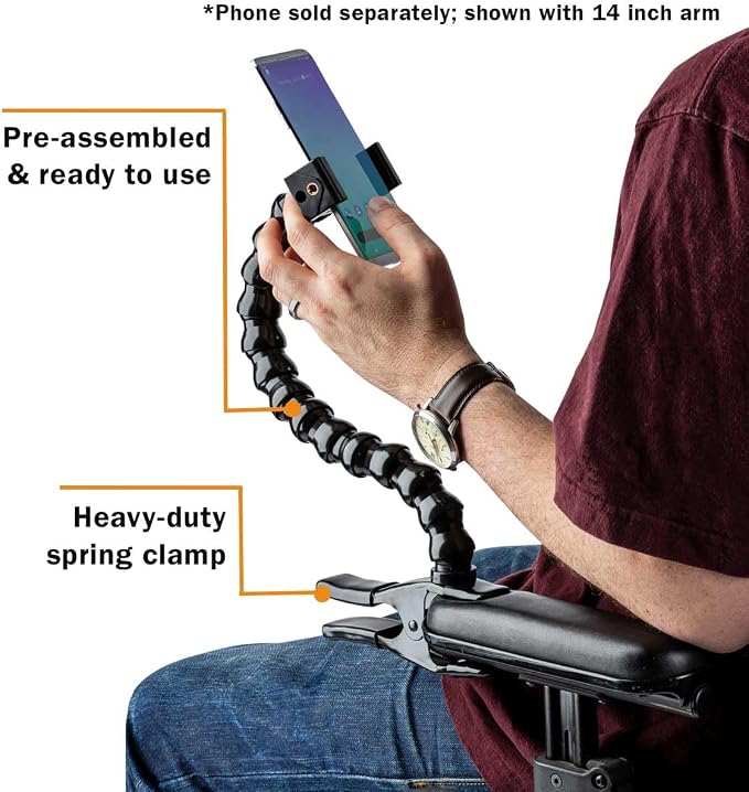 MOGO ModularHose Assistive Technology Phone Holder with Heavy-Duty Spring Clamp (Opens to 2"), 14 Inch Arm