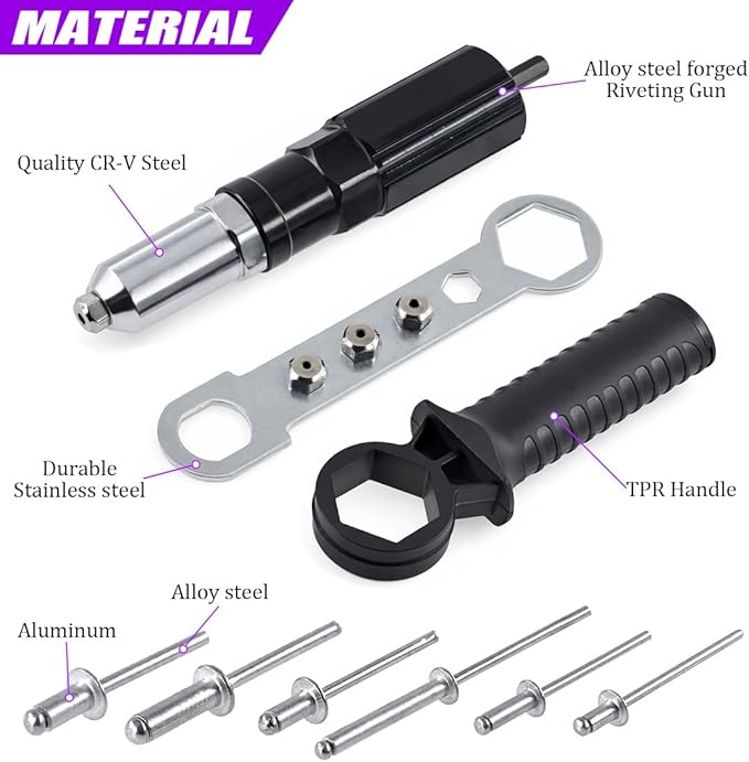 Swpeet 211Pcs Black Alloy Steel Electric Rivet Gun Adapter Kit, Including 2.4/3.2/4.0/4.8mm Diameter Rivet Head and Handle Wrench with 500Pcs Aluminum Blind Rivet Kit