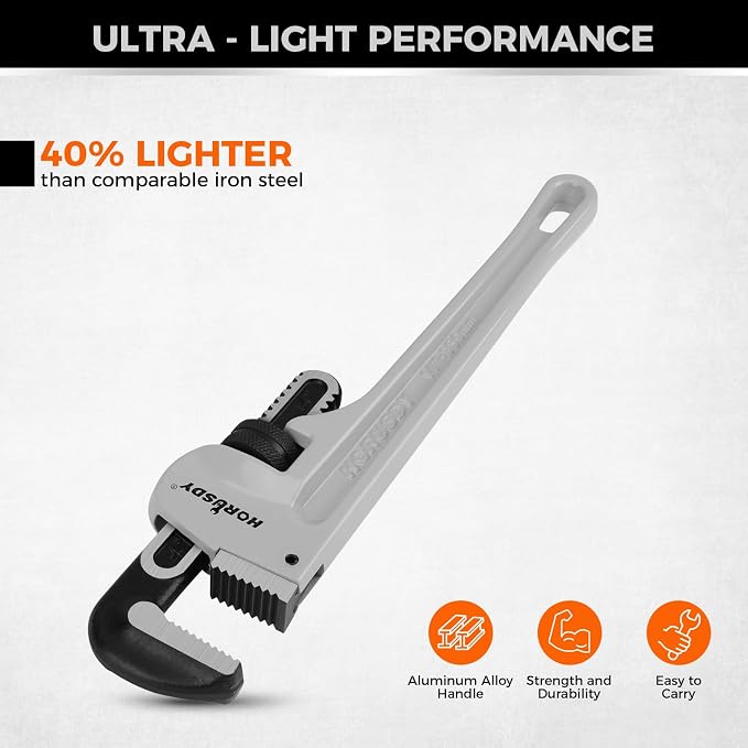 HORUSDY Pipe Wrench 14-Inch, Aluminum Heavy Duty Adjustable Straight Plumbing Pipe Wrench, 350mm, 1/2"–1-1/2" Capacity, Lightweight Gray Tool with Strong Grip for Pros, Maintenance & DIY