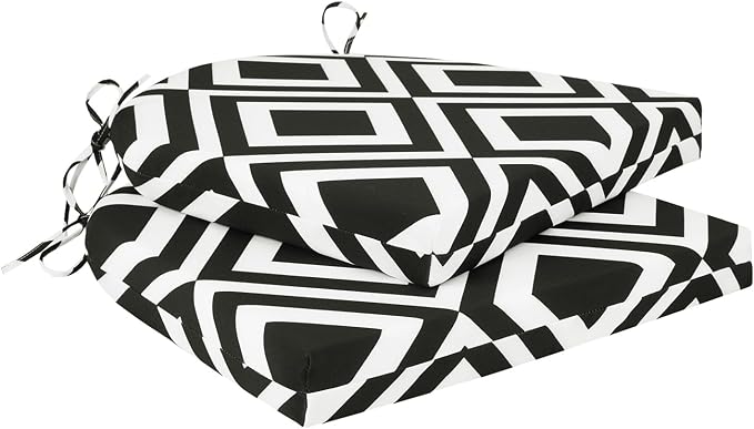 Cozyide Outdoor Chair Cushions, Waterproof Patio Seat Cushions with Adjustable Straps, Round Corner Patio Chair Cushions for Garden, Black Geometry, 17x16x2 Inch (Pack of 2)
