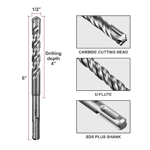 SALI 10PCS 1/2"*6" SDS Plus Rotary Hammer Drill Bit Concrete Drill Bit Kit Cross-Type Double Thread Carbide Material Suitable for Brick, Cement Walls, Stone, Hammer Drill Bits