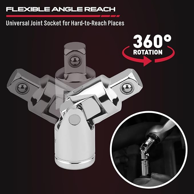 4-Piece 3/8" Drive Socket Extension Bar Set, Professional Socket Extension Set Include 3, 6, and 10 Inch Extensions and 3/8 Inch drive Universal Joint Sockets, Premium Cr-V Steel Construction