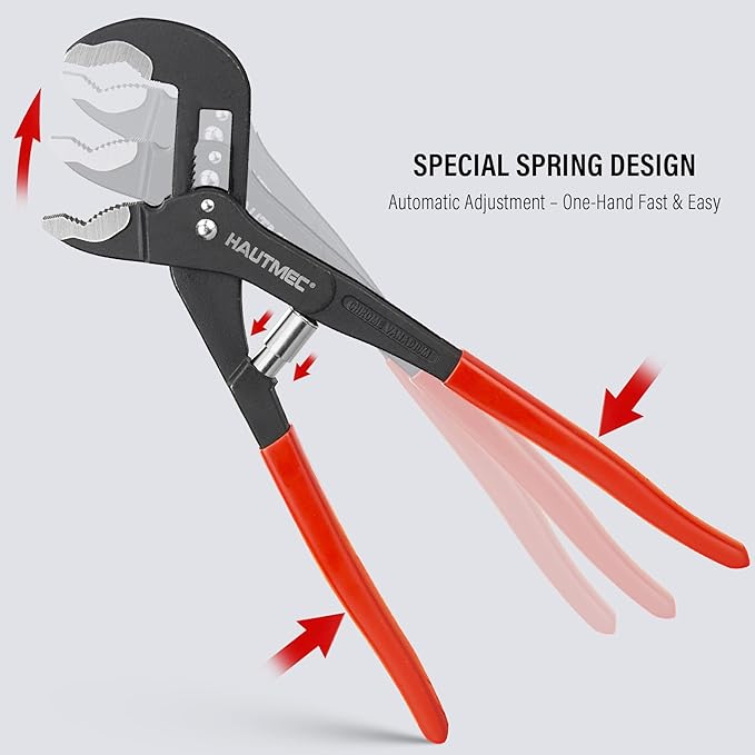HAUTMEC 10-Inch Water Pump Pliers, Auto Adjusting Tongue and Groove Joint Pliers, One-Hand Spring-Loaded Design, CRV Steel V-Jaw with Comfort Grip, for Plumbing, Home Repair and Pipe Fittings, HT0088