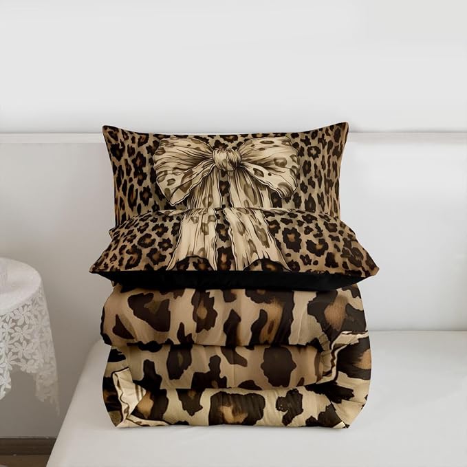 Feelyou Leopard Print Comforter Set Full Size Cute Bow Bedding Set for Kids Boys Girls Cheetah Animal Fur Duvet Quilt Bedroom Decor Microfiber 3 Pcs with 2 Pillow Cases