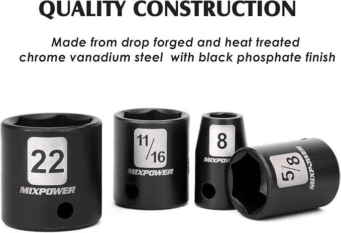 MIXPOWER 3/8" Drive Deep Impact Socket Set, 6 Point, 49 Piece Standard SAE and Metric Sizes-5/16-Inch to 3/4-Inch and 8-22 mm, 3/8'' impact universal joint, Cr-V Steel Mechanic Socket Set