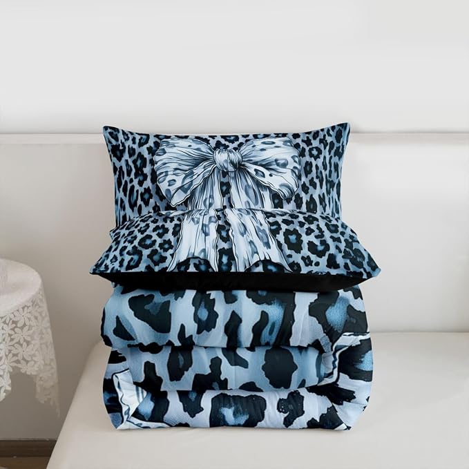 Feelyou Leopard Print Comforter Set All Season Cute Blue Bow Bedding Set with 2 Pillow Cases Cheetah Animal Fur Microfiber Kids Queen Bedclothes Bedroom Decor Duvet Quilt Breathable Soft Lightweight