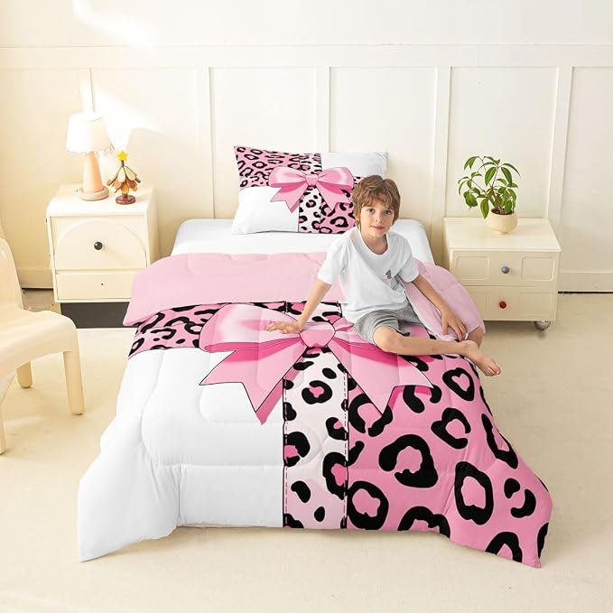 Feelyou Leopard Print Comforter Set Toddler Size Leopard Bow Bedding Set for Kids Boys Girls Animal Fur Duvet Quilt Bedroom Decor Microfiber 2 Pcs with 1 Pillow Cases