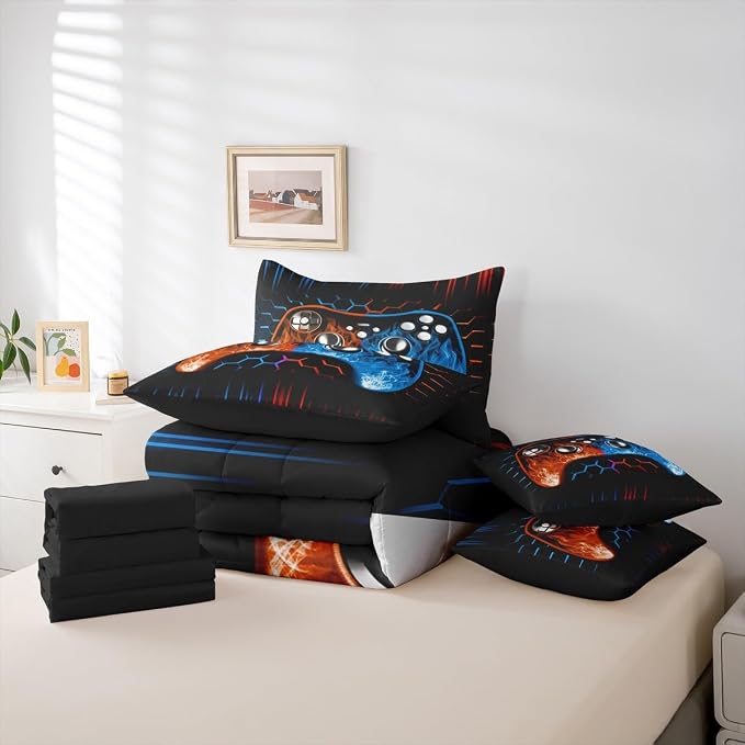 Boys Gaming Bed in a Bag King Size Comforter Set 7 Pieces Ombre Art Honeycomb Bedding Set Orange Blue Neon Lights Sheet Set Game Console Bed Set Geometric Hexagon Beehive Gaming Room Decor