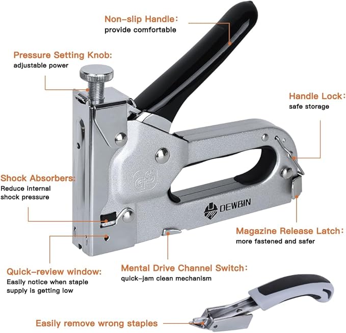 Upholstery Staple Gun Heavy Duty, DEWBIN 4 in 1 Stapler Gun with 2000 Staples, Manual Brad Nailer Power Adjustment Furniture Stapler Gun for Wood, Carpentry, Decoration DIY Staple Gun