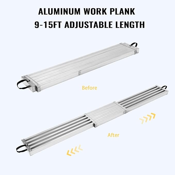 GAOMON Telescoping Work Plank, Aluminum Plank, Adjustable Work Platform 440LBS Capacity, Extension Scaffolding Plank with Skid-Proof Platform, Scaffold Ladder Accessory (9FT-15FT - Sliver)