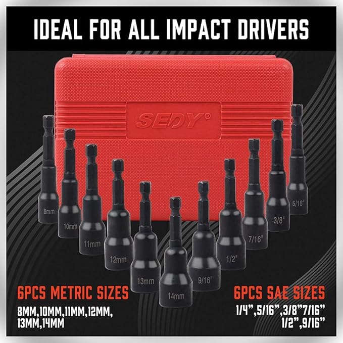 12-Piece Magnetic Nut Driver Set - Premium Impact Power Hex Nut Driver Drill Bit Master Kit, SAE & Metric, 1/4-Inch Quick-Change