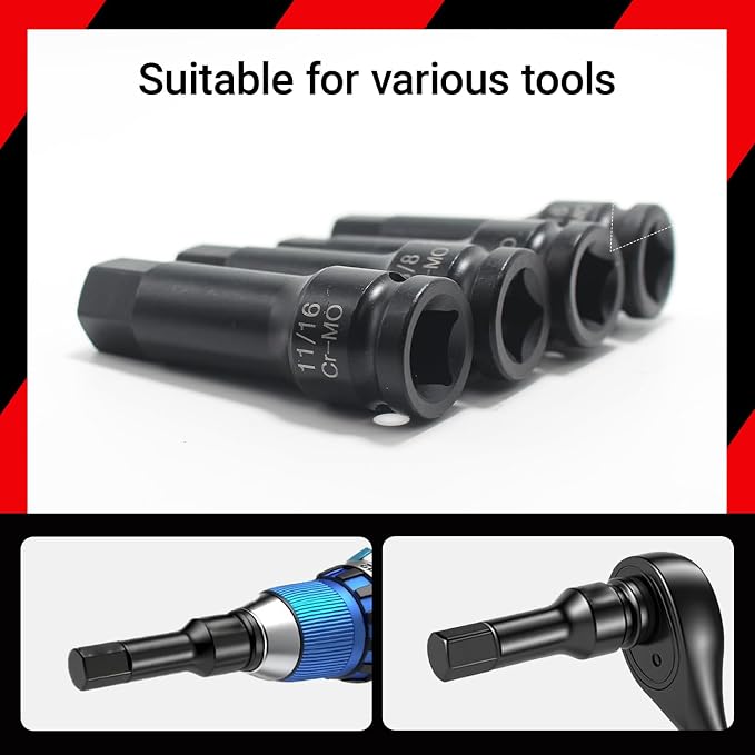 20-Piece 1/2" Drive Master Impact Hex Bit Set, Hex Driver Socket Set, Allen Bit Socket Set, SAE & Metric, (1/4" - 3/4", 6-19mm), Cr-Mo Steel