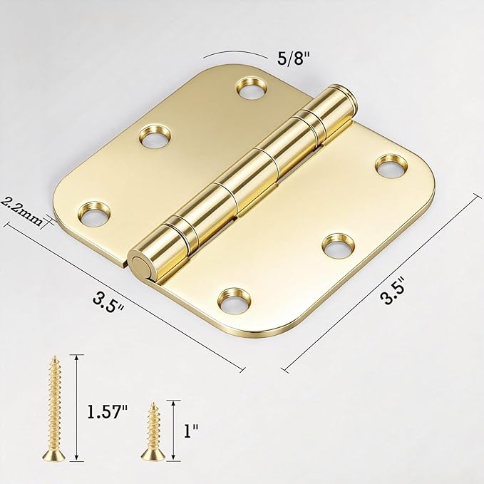 12 Pack Anti Squeak Polished Brass Door Hinges 3.5 Inch 5/8" Radius Round Ball Bearing Interior 3-1/2"Flat Bifold Standard Bedroom Indoor for Doors 3 ½" Hardware Essentials Home Decor Accessories