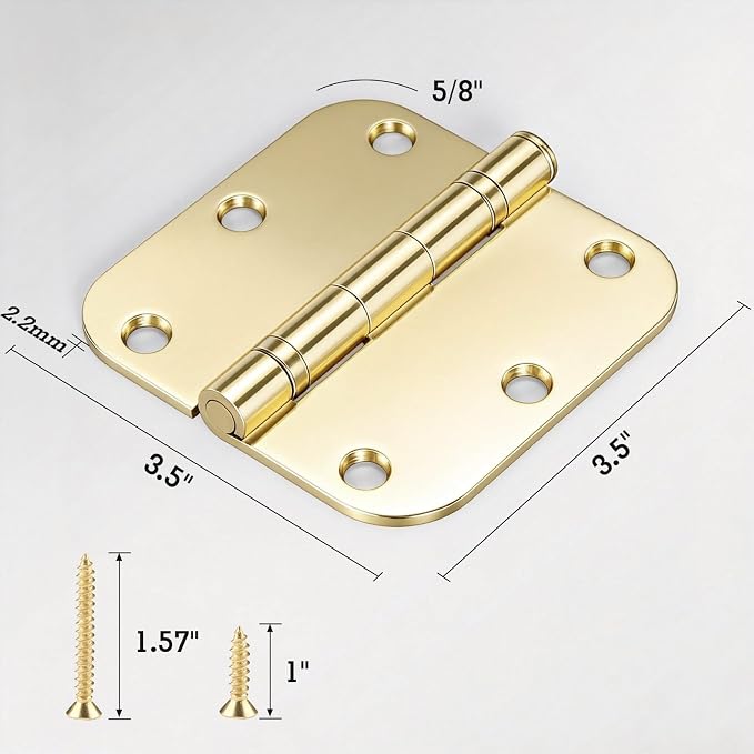 1 Pack Ball Bearing Door Hinges Polished Brass 3.5 Inch 5/8"Radius Round Anti Squeak Interior 3-1/2"Flat Iron Bifold Standard Office Bedroom Indoor for Doors 3 ½" Hardware Home House Decor Accessories