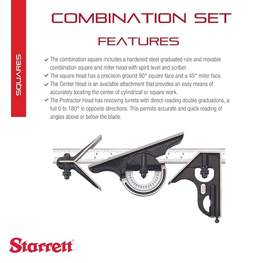 Starrett Combination Set with Square, Center and Reversible Protractor Head and Blade - 12" Blade Length, Forged and Hardened Steel, 16R Graduation Type - C434-12-16R