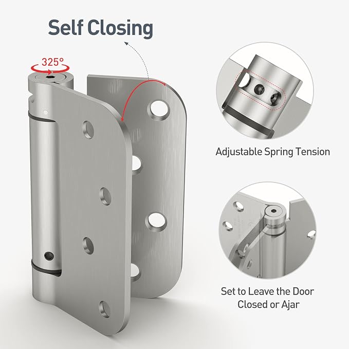 HOSOM Self Closing Spring Loaded Hinges, 4 Inch, Adjustable Tension for Garage, Front, Back Door, UL Listed, Left and Right Hand, 5/8'' Radius Corners, Brushed Nickel, 2 Pack