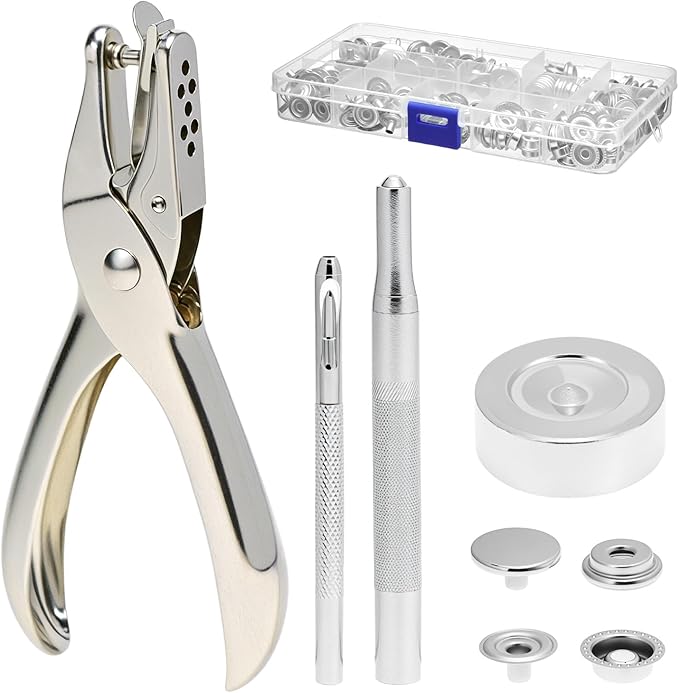 QWORK 200 Pieces Stainless Steel Snap Fastener Kit with 15mm Snap Cap Diameter, Including Hole Punch Pliers and Setting Tools, for Canvas, Tarpaulins, Garments