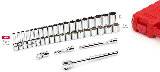 TEKTON 3/8 Inch Drive 6-Point Socket and Ratchet Set, 42-Piece (6-24 mm) | SKT15201 | (6 - 24 mm), Shallow and Deep, Case