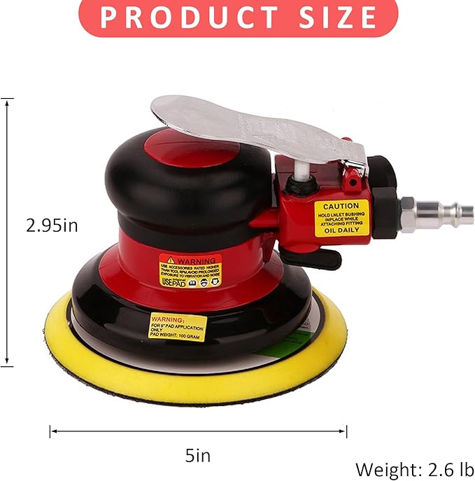 Professional Air Random Orbital Palm Sander, Dual Action Pneumatic Sander, Low Vibration, Heavy Duty