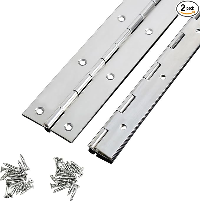 Continuous & Piano Hinges, 2Pcs Stainless Steel Continuous Hinge with Holes, Heavy Duty Polished Stainless Piano Hinges for Boats Cabinets Storage Box Door Windows Screw Included (Silver) (8'')