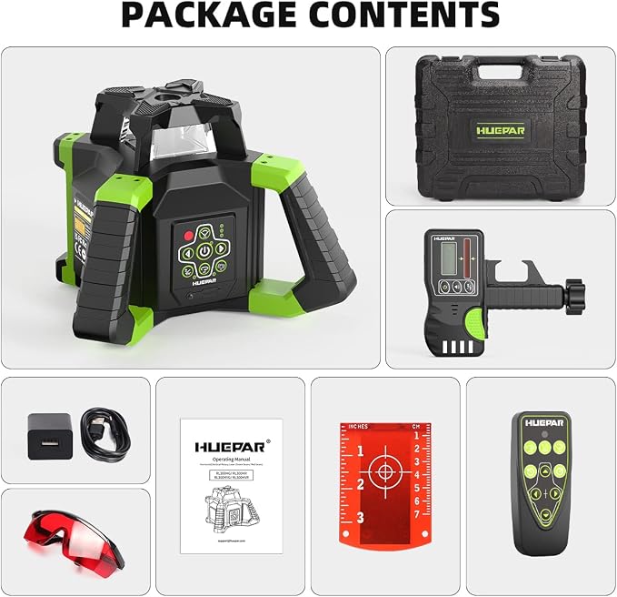 Huepar Electronic Self-Leveling Rotary Red Laser Level Kit - 360 Horizontal Laser Beam Interior/Exterior Rotating Laser Level Tool with Receiver, Protective Glasses, Hard Case RL300HR