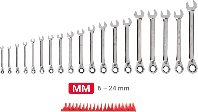 TEKTON Reversible Ratcheting Combination Wrench Set, 19-Piece | WRC94303 | (6 - 24 mm), 12-Point, Satin Chrome Finish, Modular Organizer