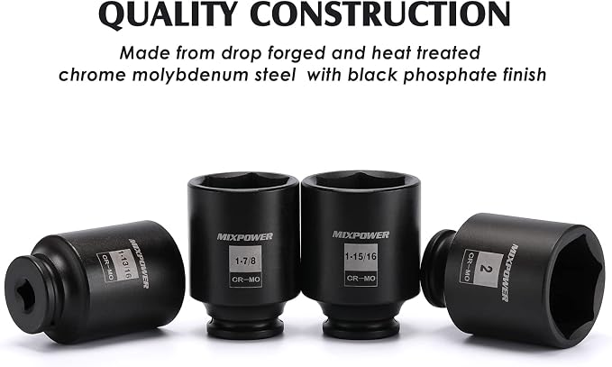 MIXPOWER 1/2-Inch Drive Deep Impact Socket Set, Inch, Cr-Mo, 6 Point, 1-13/16",1-7/8", 1-15/16", 2", 4-Pieces 1/2" Dr. Spindle Axle Nut Impact Socket Set, Impact Grade