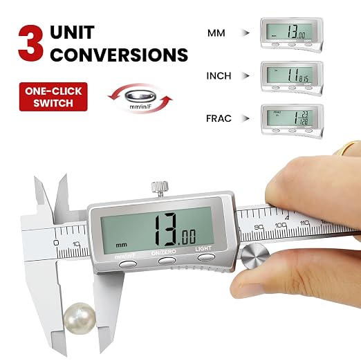 Digital Caliper 6 Inch, Rechargeable Calipers with Backlight LCD Screen, Stainless Steel Caliper Measuring Tool, Auto-Off Micrometer, Inch/MM/Fraction Conversion for 3D-Printing/DIY/Household
