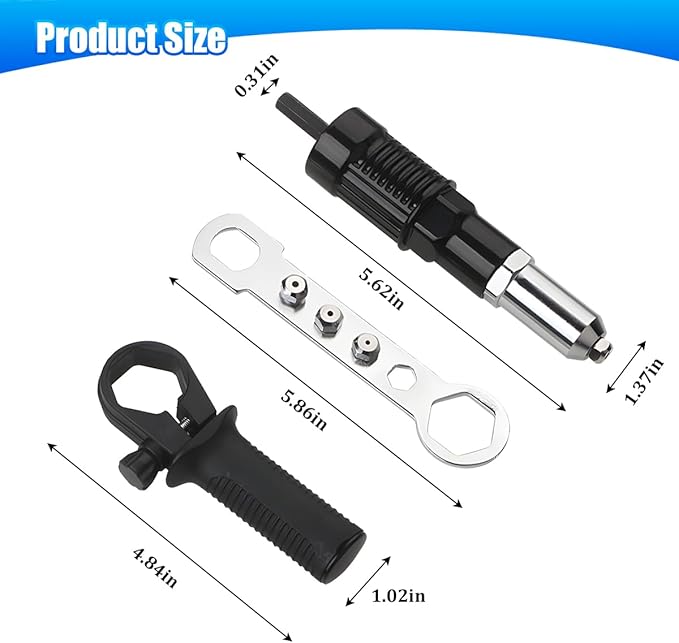 Car Pop Rivet Gun Adapter, Vehicle Cordless Riveter Drill Adapter Kit with 4 Rivet Heads 2.4 3.2 4.0 4.8mm, Auto Electric Rivet Nut Gun Riveting Tool, Universal for SUV Sedan Truck
