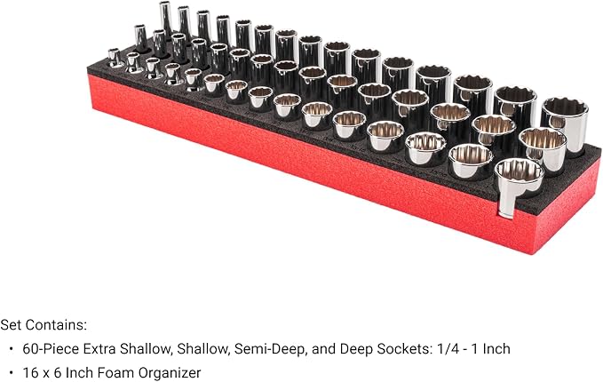TEKTON 3/8 Inch Drive 12-Point Socket Set, 45-Piece | SHD91802 | Shallow, Semi-Deep, and Deep, 1/4 - 1 in., Foam Organizer