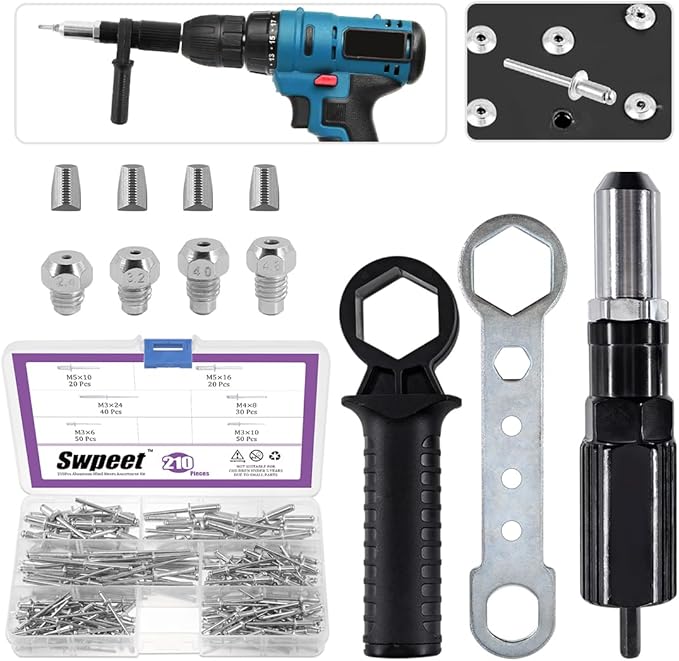 Swpeet 211Pcs Black Alloy Steel Electric Rivet Gun Adapter Kit, Including 2.4/3.2/4.0/4.8mm Diameter Rivet Head and Handle Wrench with 500Pcs Aluminum Blind Rivet Kit