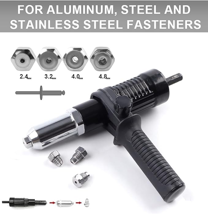 Electric Rivet Nut Drill Adapter, 2026 Professional Electric Rivet Gun Adapter Kit for Power Drill with 3/32" 1/8" 5/32" 3/16" Nosepieces, Heavy Duty Alloy Steel Riveting Tool for Automotive (Black)