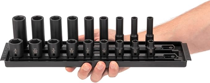 TEKTON 3/8 Inch Impact Socket Set, 18-Piece | SID91208 | (5/16 - 3/4 in.), Shallow and Deep, 6-Point, Socket Rail