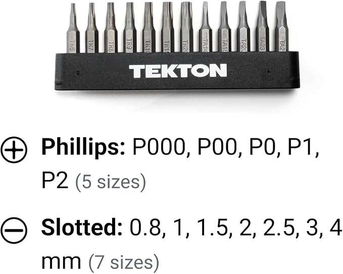 TEKTON 4 mm Phillips/Slotted Bit Set with Rail, 12-Piece (P000-P2, 0.8-4 mm) | DZZ92001