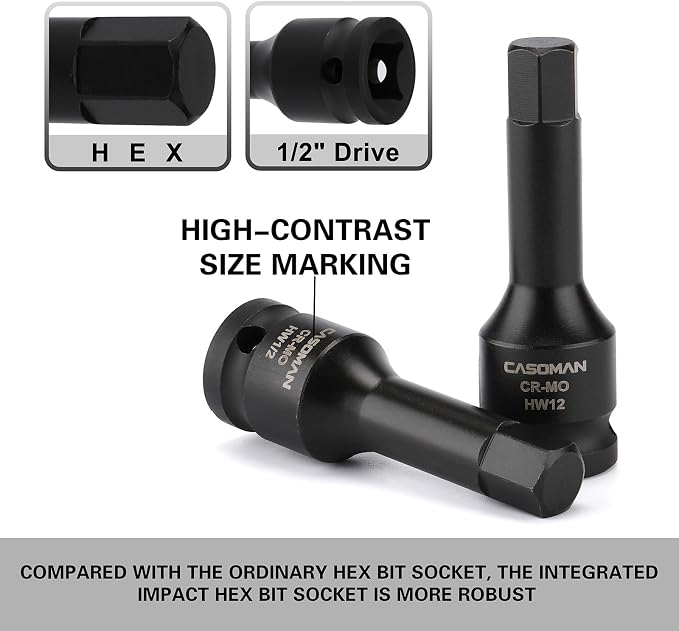 CASOMAN 1/2" Drive Master Impact Hex Bit Set, Hex Driver, SAE/Metric, 1/4" - 3/4", 6mm - 19mm, Cr-Mo Steel,Impact Grade, One-Piece Construction, 20-Piece 1/2" Drive Allen Bit Socket Set
