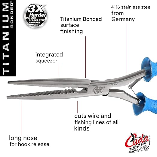 CUDA 10.25" Titanium Bonded Stainless Steel Freshwater Long Needle Nose Pliers #18113 Durable Fishing Hooks Remover, Ring Splitter with Crimper & Mono & Fluorocarbon Cutter