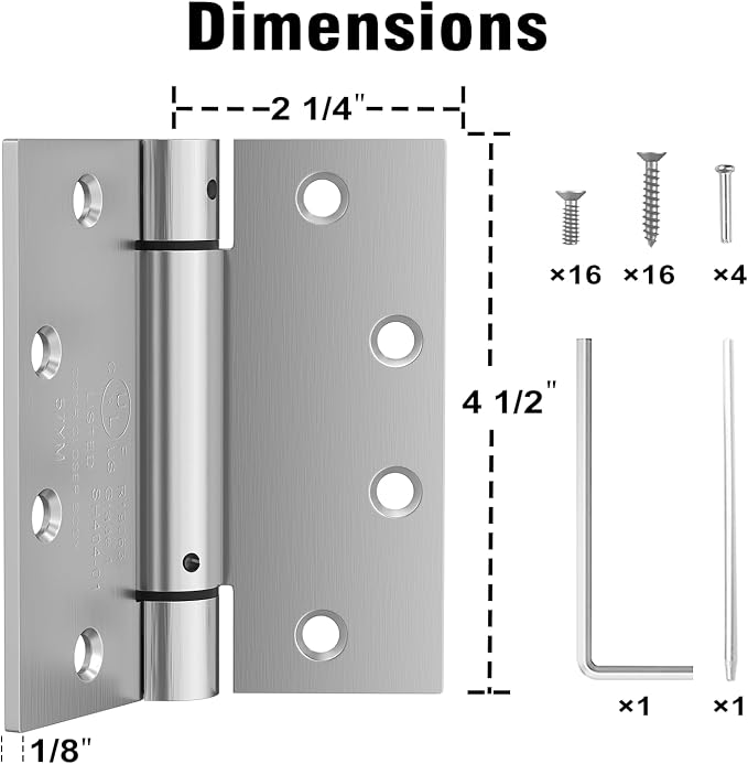 2 Pack Self Closing Door Hinges, 4.5 Inch Spring Loaded Door Hinges with Square Corners, Adjustable Tension for Garage, Front, Back Door, UL Listed, Left and Right Hand