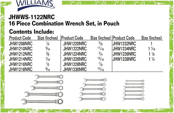 Williams WS-1122NRC Combo Ratcheting Wrench Set, 1/4-Inch - 1-1/4-Inch, 16-Piece