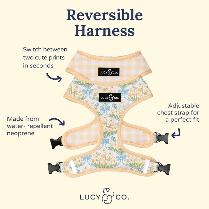 Lucy & Co. Reversible Dog Harness - Water-Repellent Neoprene, Dual-Print Design, Easy Swap Style, Adjustable Comfort Fit - Sunshine Daffodils Reversible Harness - X-Large