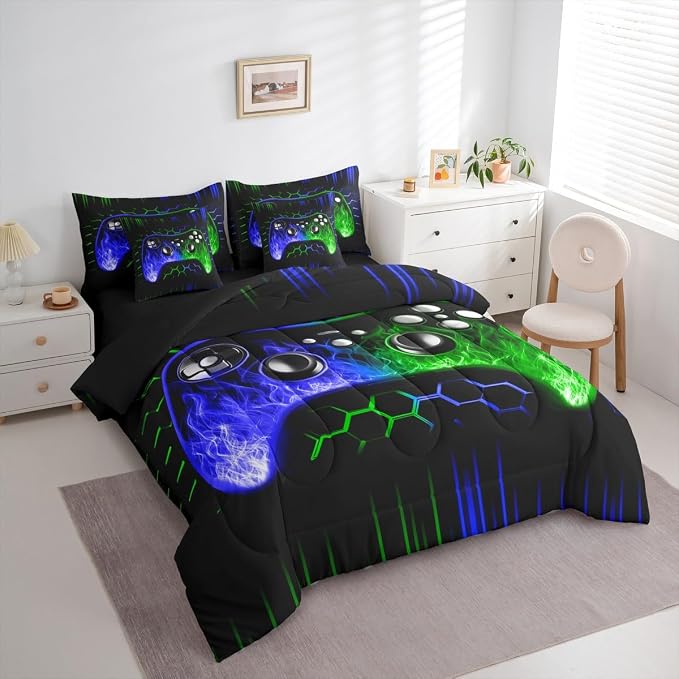 Erosebridal Boys Gaming 7 Piece Comforter Set Full Bed in a Bag Ombre Art Honeycomb Bedding Set Blue Green Neon Lights Sheet Set Game Console Bed Set Geometric Hexagon Beehive Gaming Room Decor