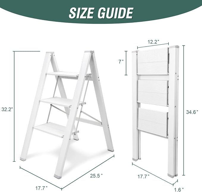 HBTower 3 Step Ladder, Aluminum Ladder, Folding Step Stool for Adults, 330LBS Capacity Sturdy& Portable Ladder for Home Kitchen Library Office, White