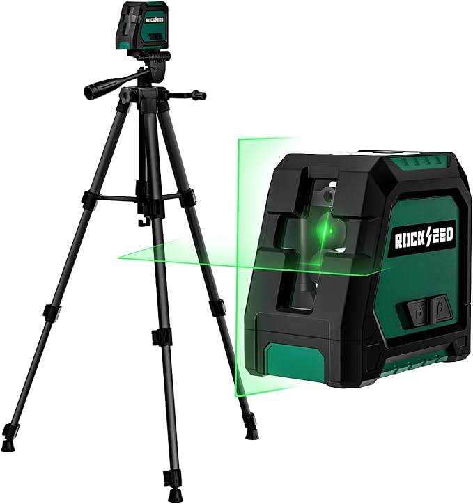 RockSeed Dual Modules Line Laser with 47 inch Iron Tripod, Self Leveling Laser Level, Horizontal and 150° Vertical Green Beam, 2 AA Batteries, Carrying Bag, for Home Decoration/DIY/Construction Site