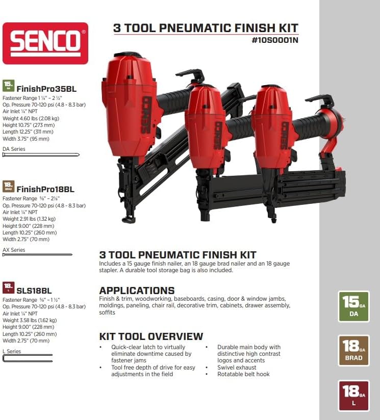 SENCO Pneumatic 4 Piece Finish Kit Includes 3 Air Powered Tools for Finish & Trim Projects: 15 GA finish nailer, 18 GA brad nailer, 18 GA stapler, and storage bag (10S0001N)