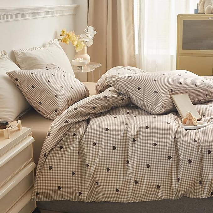Sedefen Gingham Duvet Cover Set Queen Size, 3 Pieces Brown Plaid Bedding Set with Cute Heart Pattern, Kids Boys Girls Tan Checked Grid Soft Microfiber Duvet Cover for Bedroom Decor